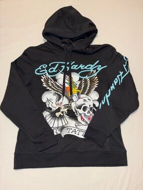 Ed Hardy Grey Graphic Hoodie with Eagle & Skull Print